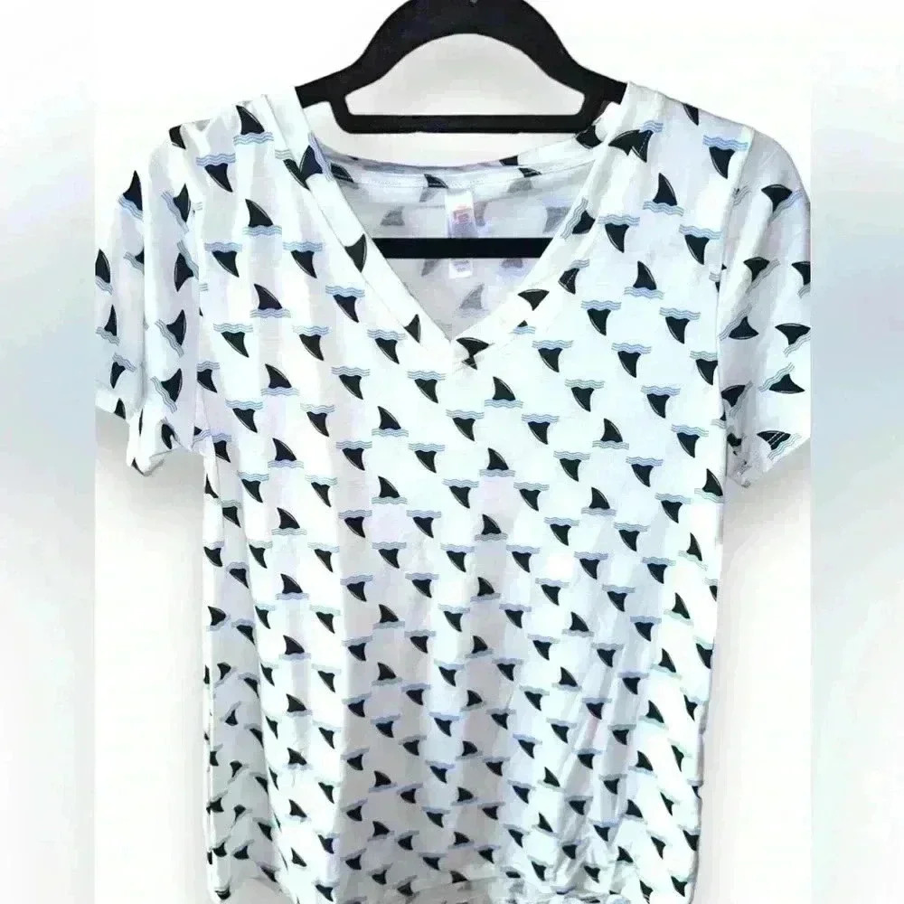 Lularoe XXS White Christy T - V neck T-shirt. Shark‎ fin graphic pattern. NWT